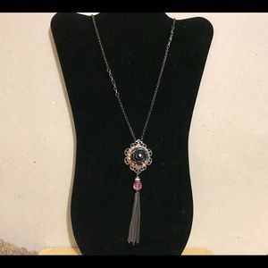 Gunmetal Rose w/Peach Rhinestone & Fringe Necklace